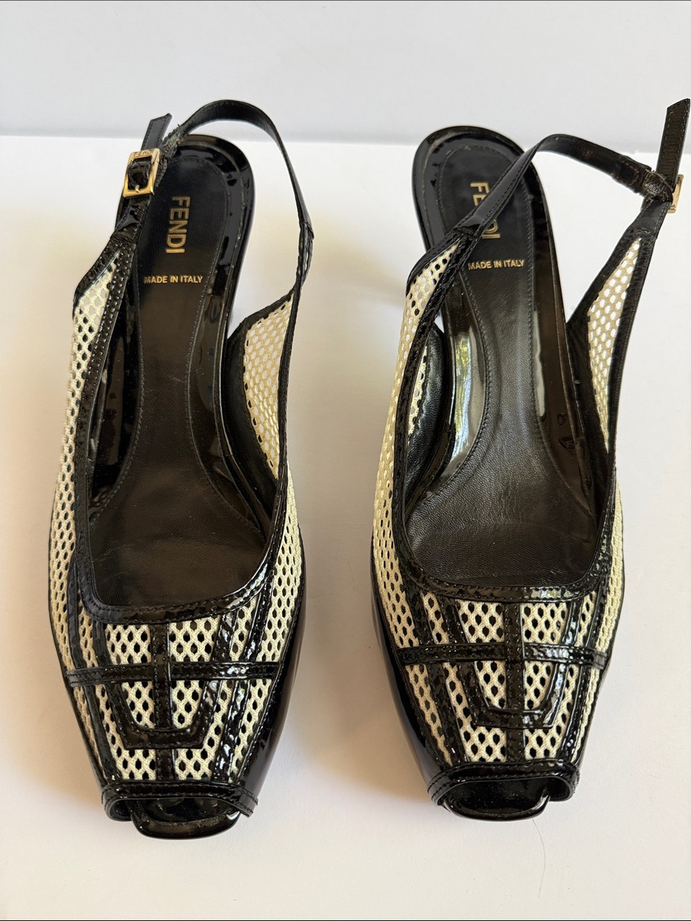 Fendi Black and Cream Mesh w/Patent Leather Trim Peep-Toe Slingback Pumps